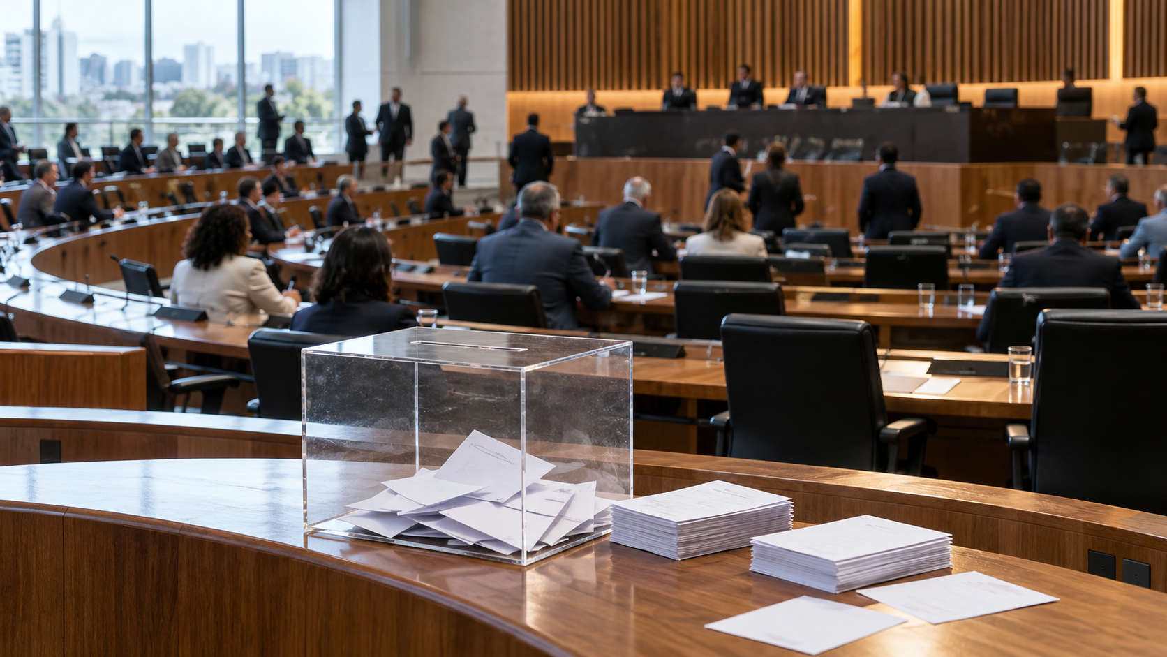Plenário genérico de assembleia legislativa com urna transparente e representantes ao fundo