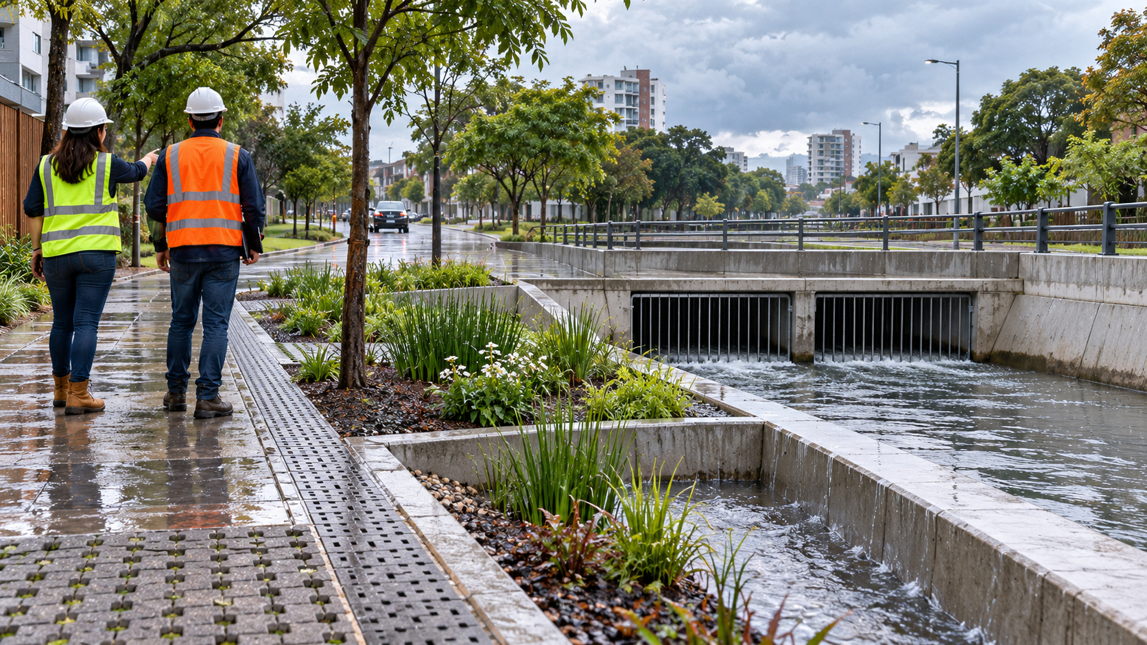 Canal de drenagem urbana com jardim de chuva e técnicos observando uma cidade após a chuva