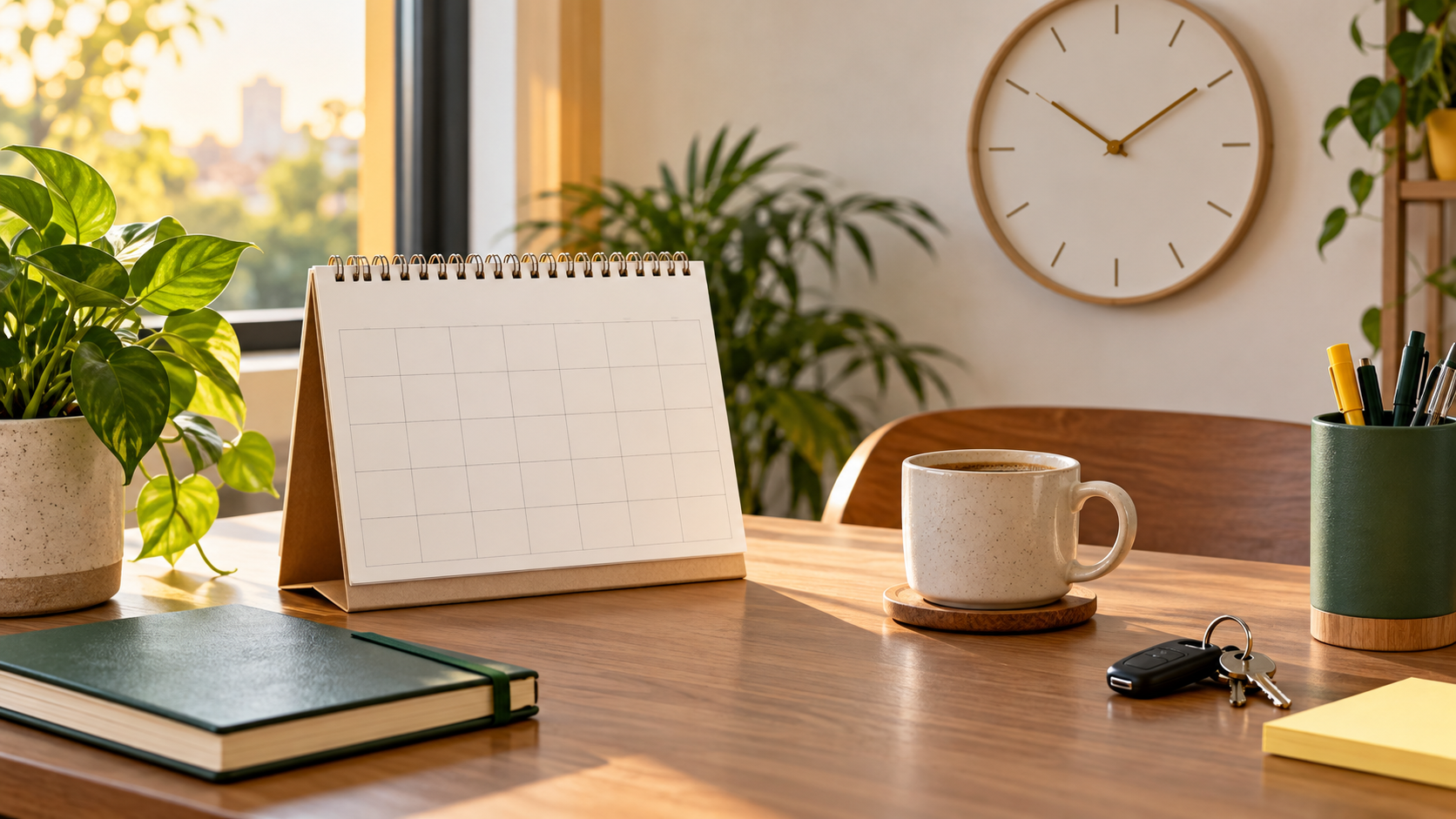Mesa de trabalho genérica com calendário sem texto, relógio e itens de planejamento
