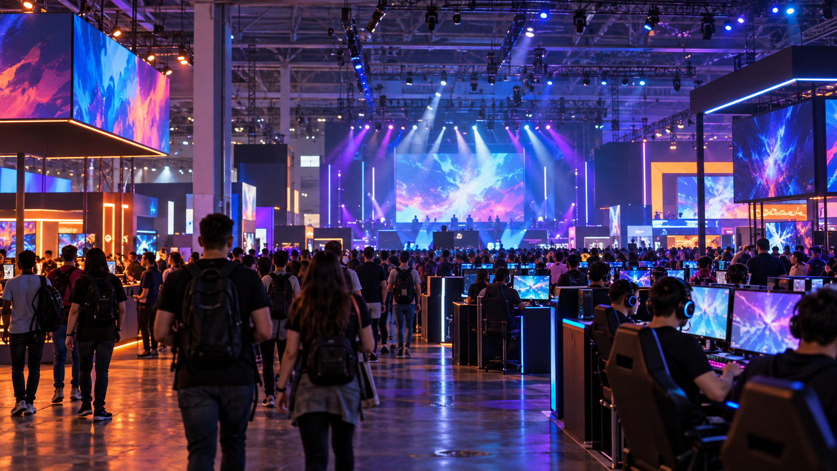 Público em uma feira de games com estandes iluminados e palco de apresentações