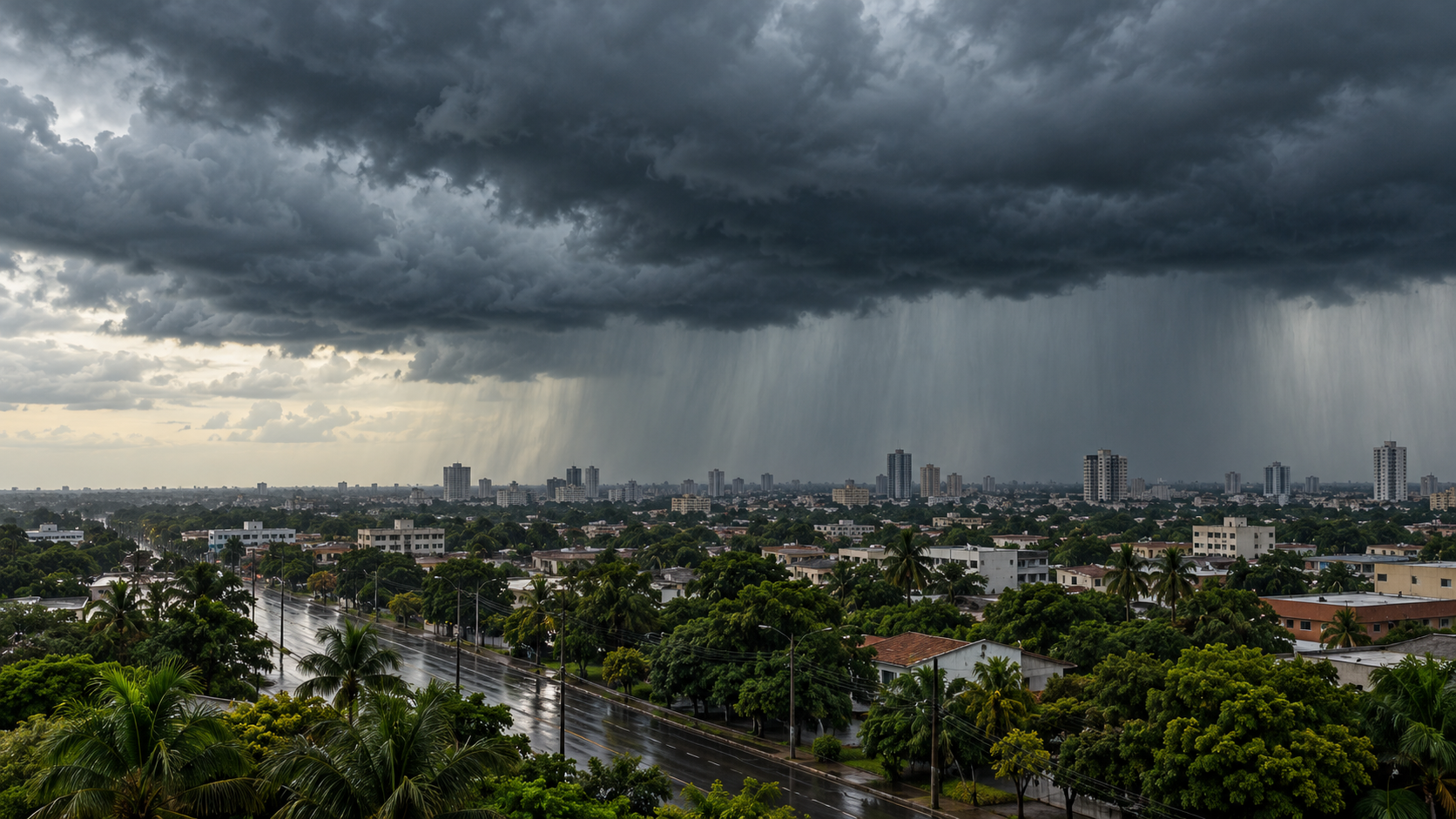 Nuvens carregadas e chuva sobre paisagem urbana genérica de Mato Grosso do Sul