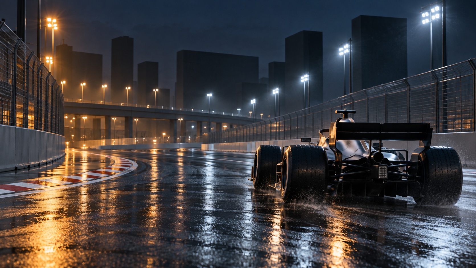 Ilustração editorial de carro de corrida genérico em circuito urbano noturno e molhado