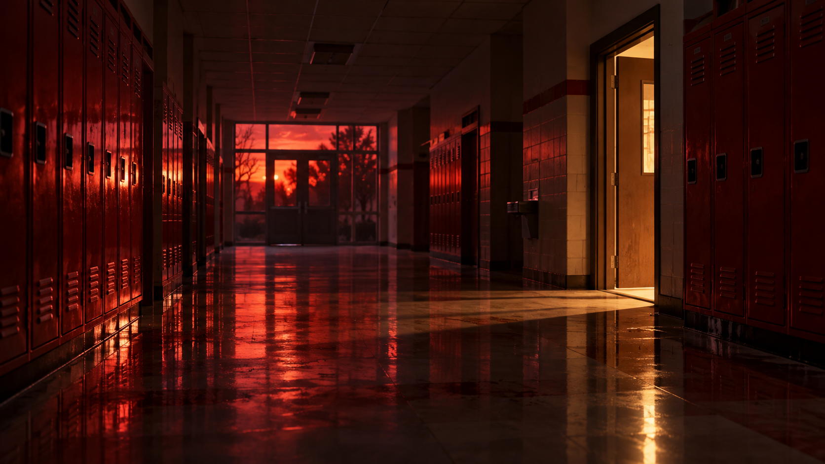 Corredor vazio de escola com armários vermelhos e luz do entardecer