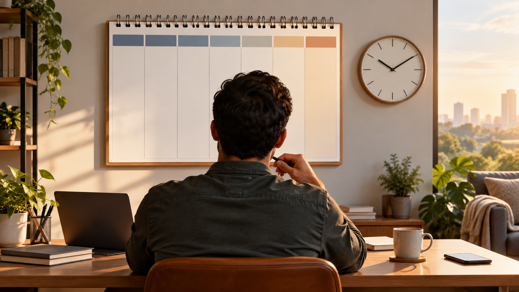 Pessoa vista de costas diante de um planner semanal em uma mesa de trabalho
