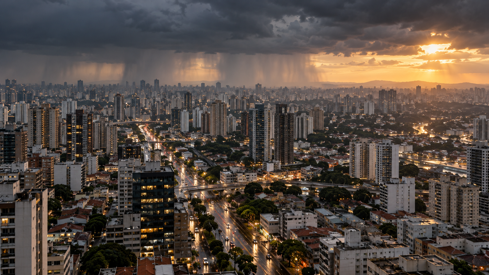 Ilustração editorial de área urbana sob nuvens carregadas e chuva na Grande São Paulo