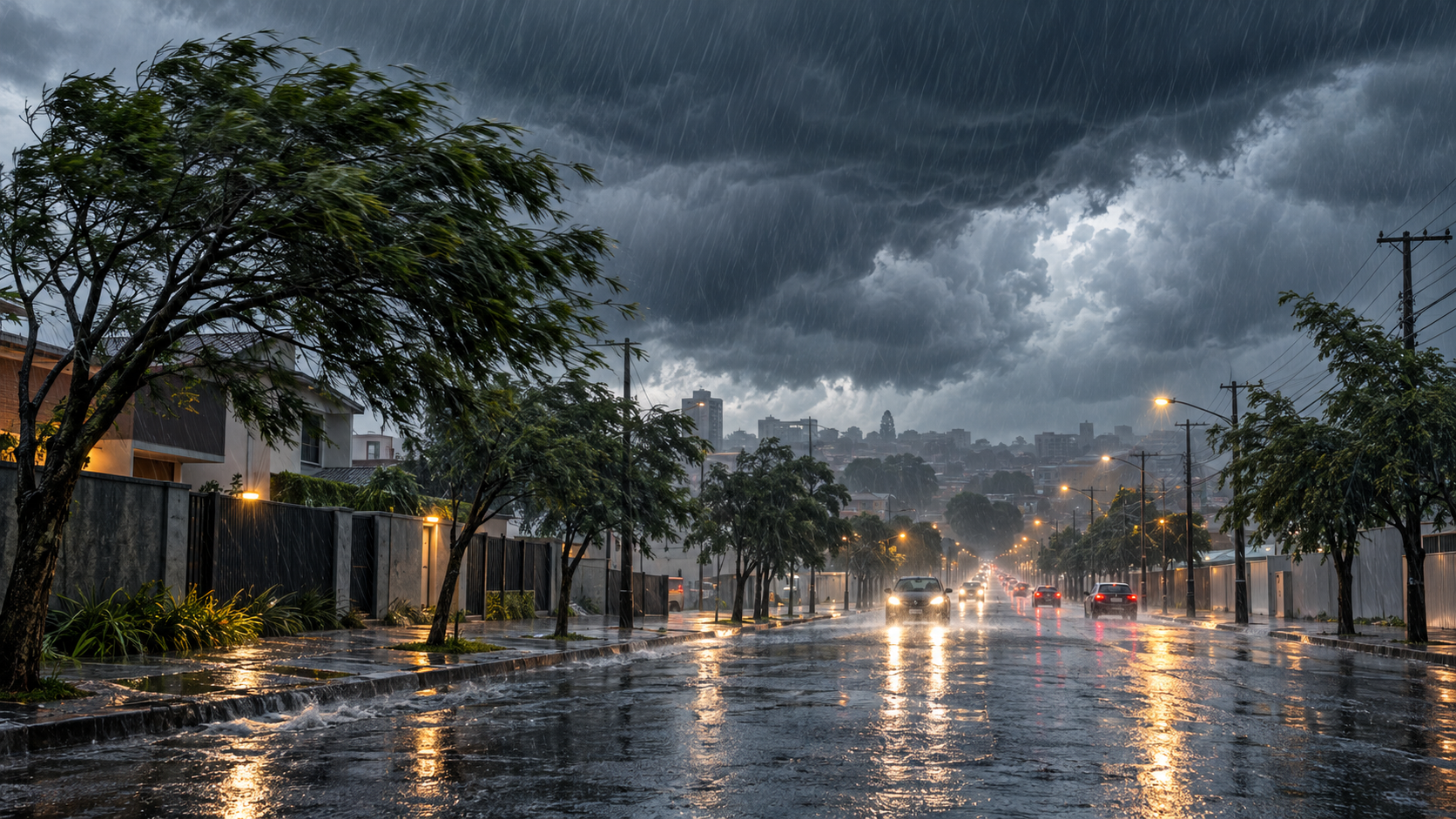 Rua urbana sob chuva intensa, árvores inclinadas pelo vento e céu carregado