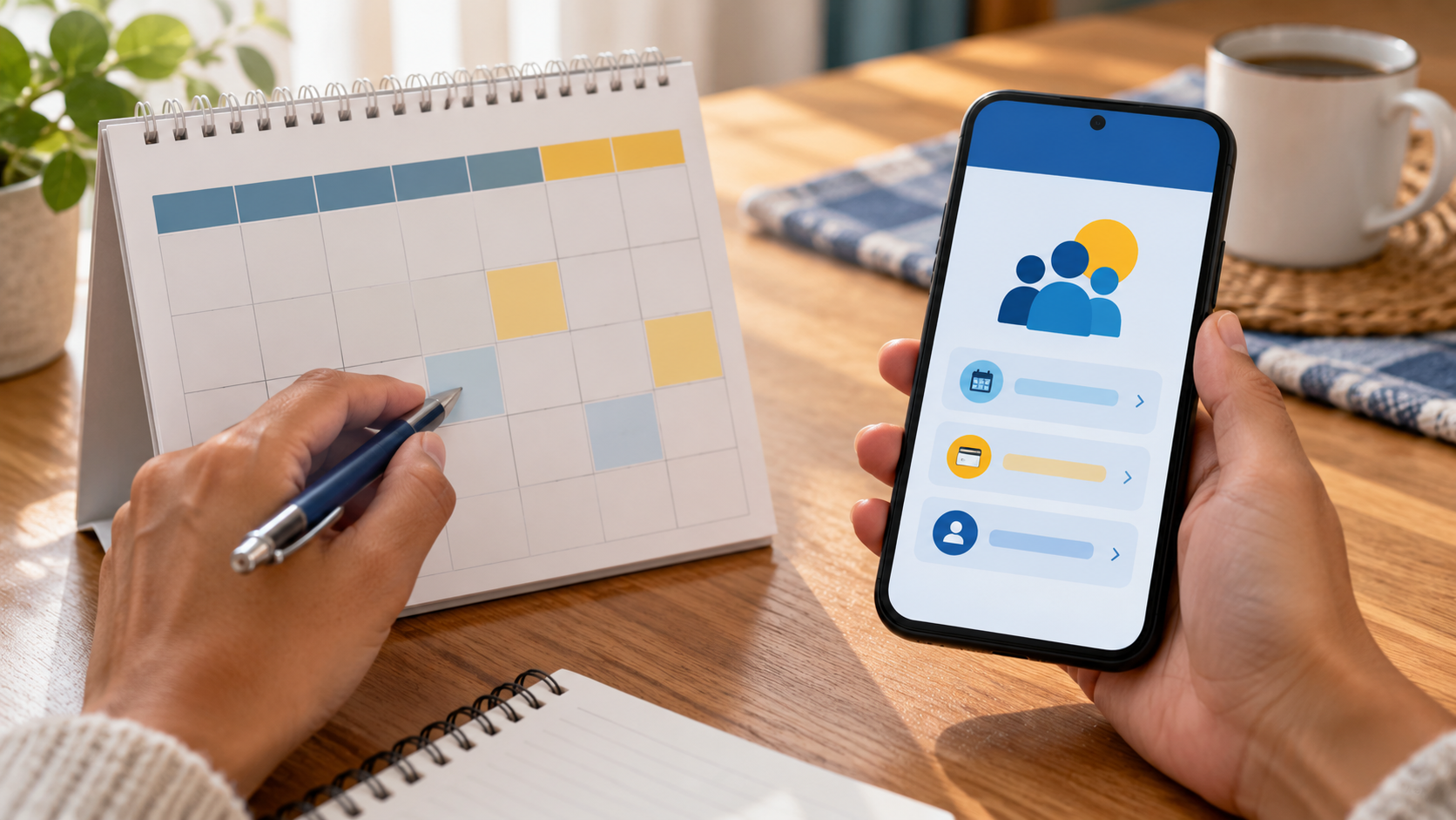 Mãos consultam um calendário e um celular com interface abstrata de benefício social