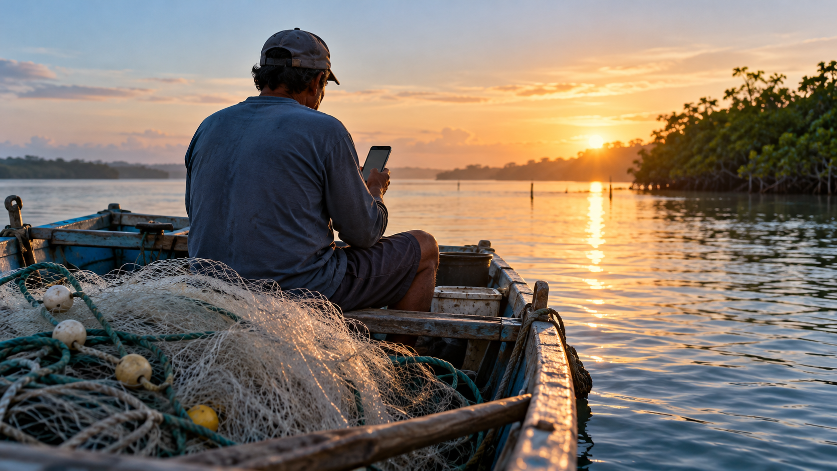 Pescador artesanal visto de costas consulta um celular em um barco ao amanhecer