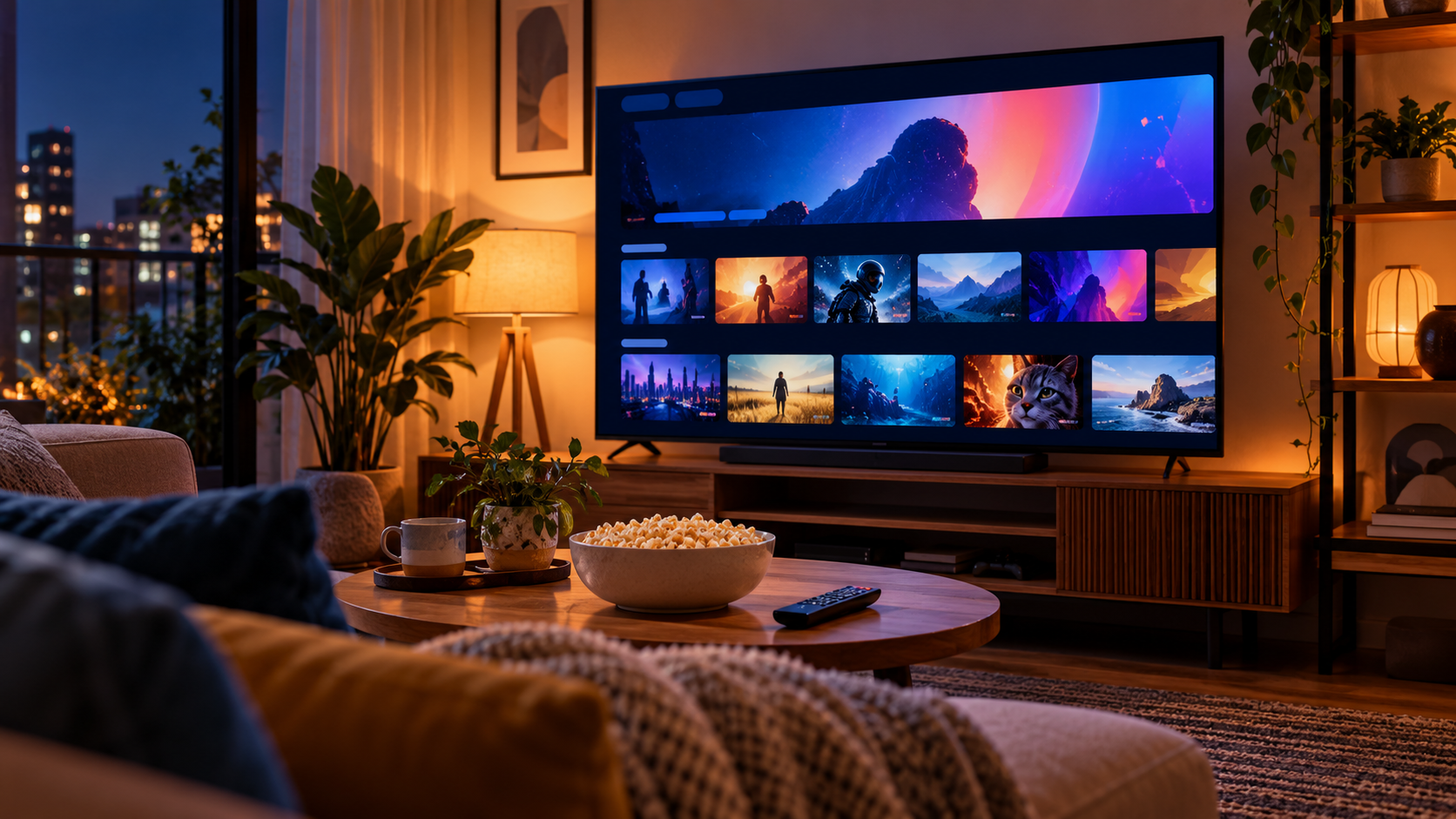 Televisão em sala de estar exibindo uma interface abstrata de filmes e séries sem marcas