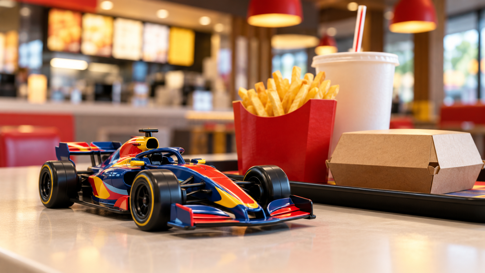 Ilustração de carrinho de corrida genérico ao lado de embalagem de fast food sem marcas ou texto