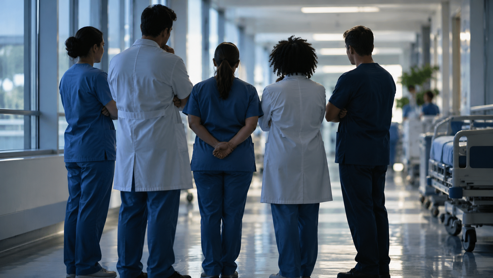 Profissionais de saúde vistos de costas em corredor hospitalar, em ilustração editorial