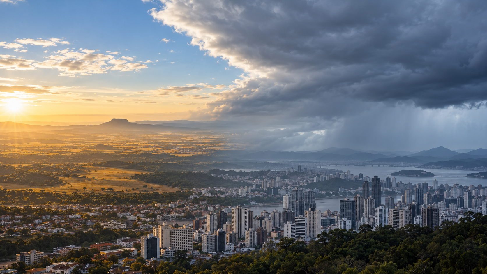 Paisagem urbana sob contraste entre céu ensolarado e frente de chuva, em ilustração editorial