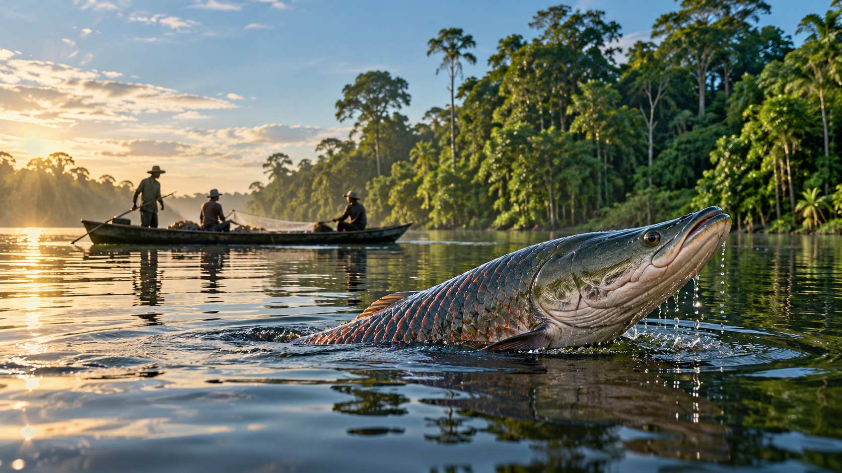 Pirarucu genérico emergindo de rio amazônico diante de barco comunitário e floresta