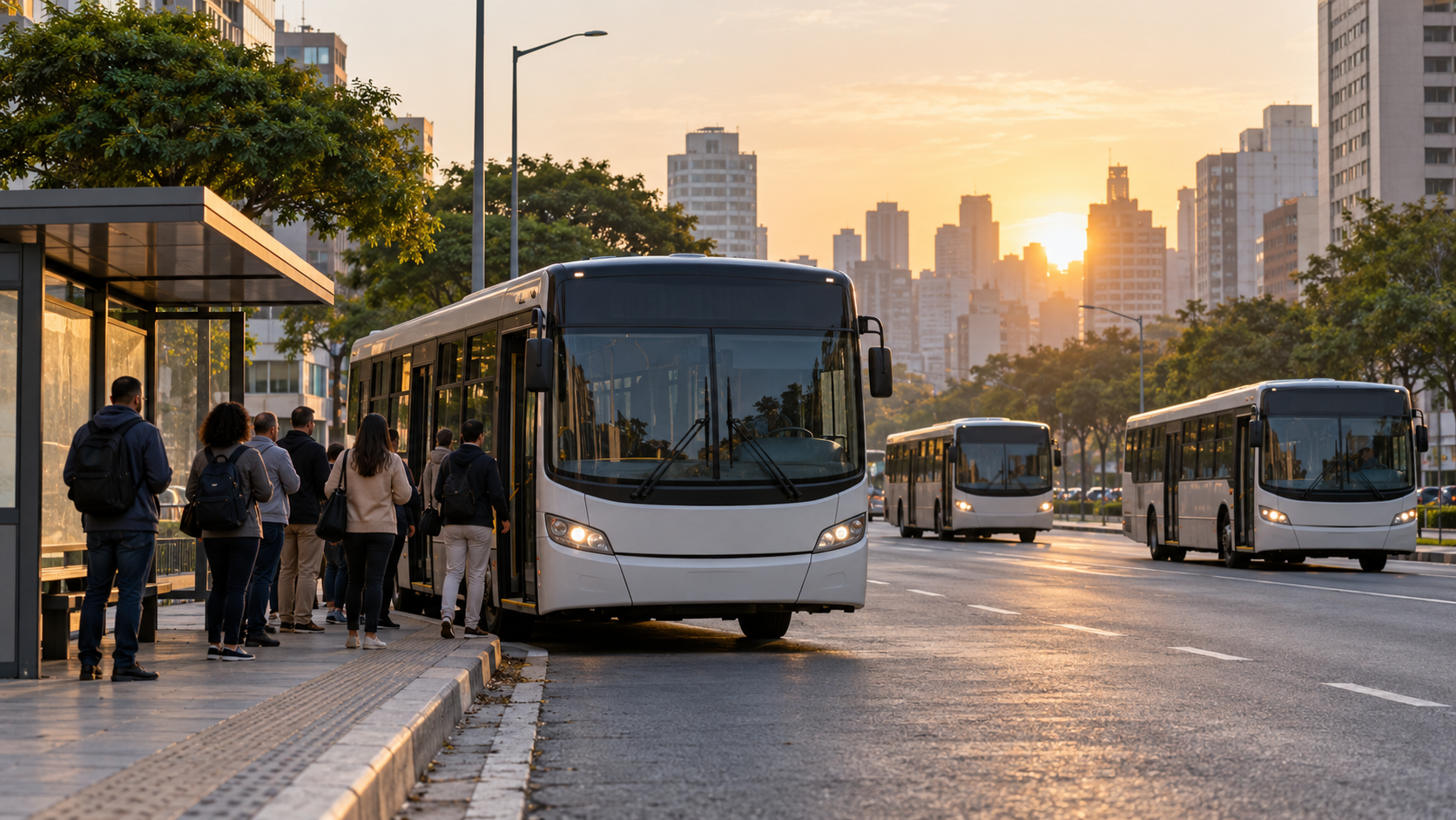Ônibus urbanos genéricos chegam a um ponto de embarque em avenida de São Paulo ao amanhecer