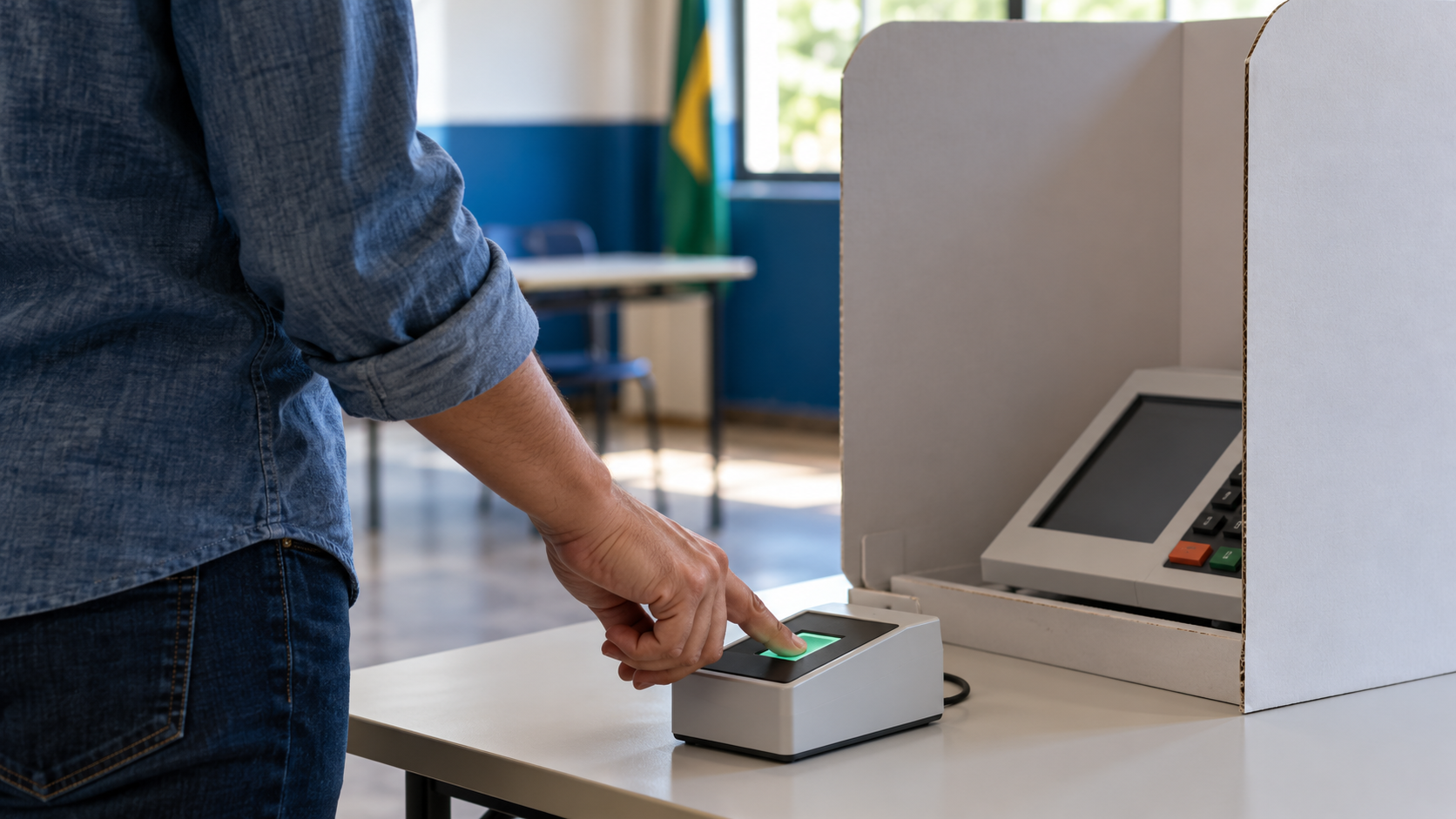 Eleitor anônimo diante de leitor biométrico e urna em seção eleitoral