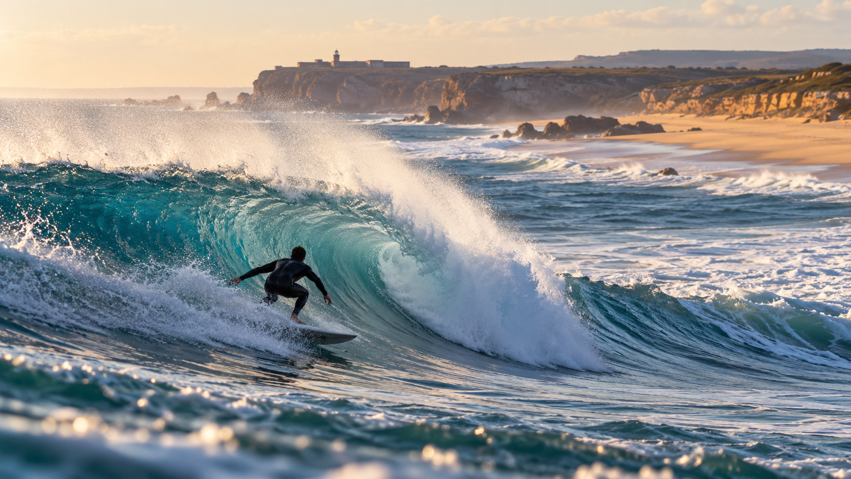Surfista anônimo em uma onda na costa portuguesa durante uma ilustração editorial