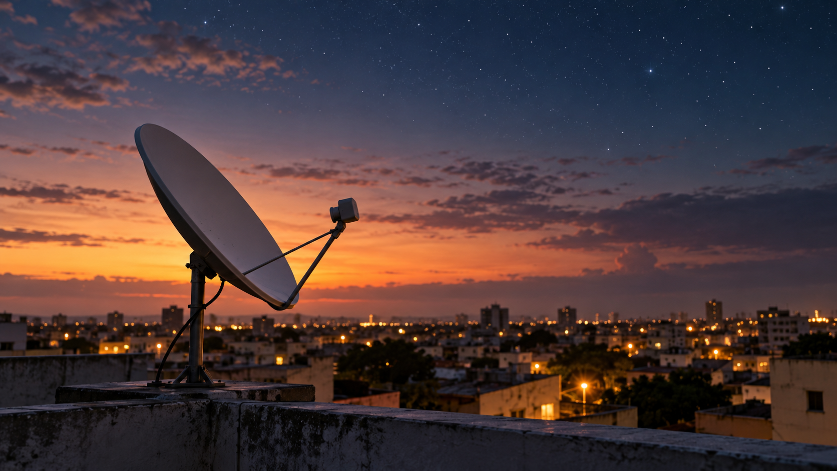 Antena de internet por satélite em um telhado ao anoitecer, em ilustração editorial