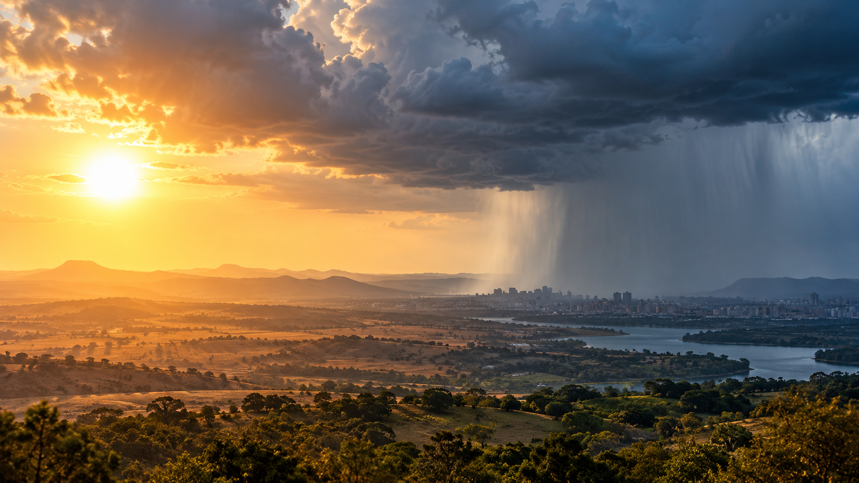Paisagem genérica com área ensolarada e chuva se aproximando sob nuvens carregadas