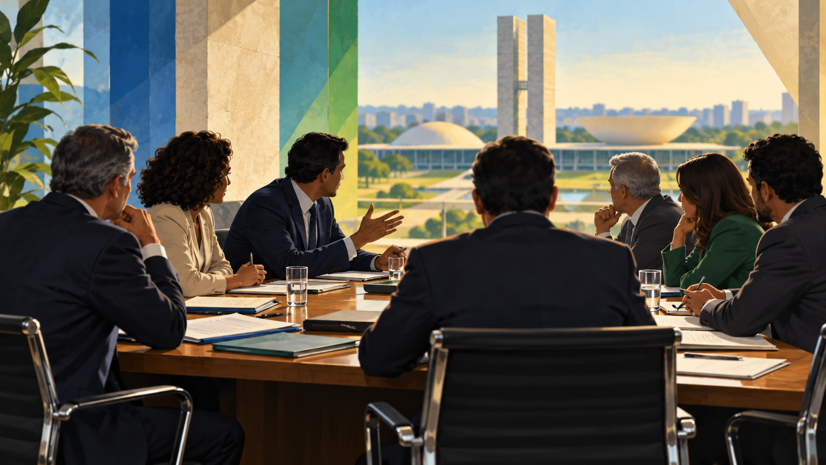 Ilustração editorial de delegados genéricos em reunião sobre articulação partidária, sem texto legível ou pessoas identificáveis
