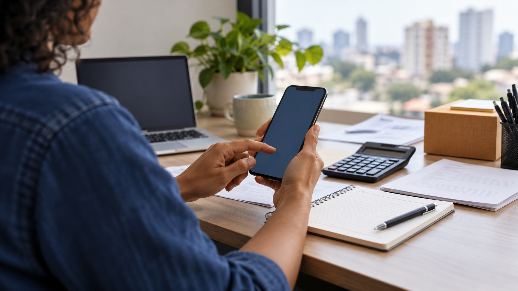 Microempreendedor sem rosto identificável confere celular ao lado de calculadora e documentos em uma mesa