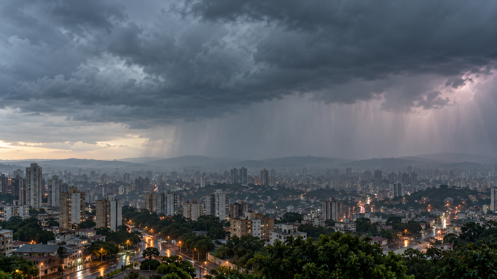 Ilustração de cidade brasileira genérica sob nuvens carregadas e chuva, sem ponto turístico identificável