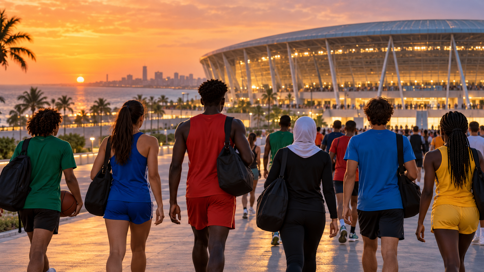 Grupo diverso de jovens atletas visto de costas diante de estádio genérico ao entardecer