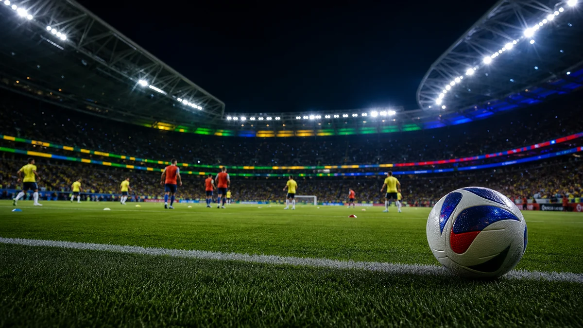 Ilustração editorial sobre jogo internacional de futebol em estádio.